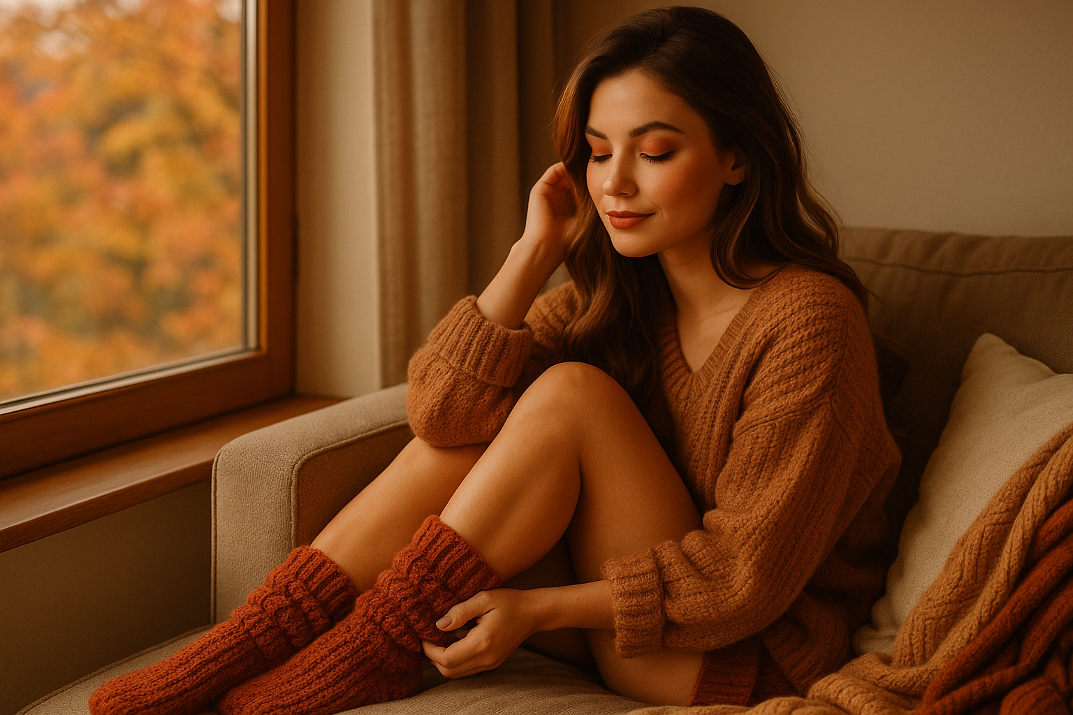 can we put a woman instead fall background with cozy socks 